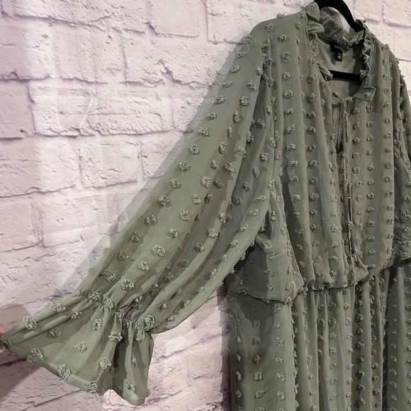 Tacera Swiss Dot Dress Long Sleeve Lined Sage Green Plus Size 3X Tie Neck - Picture 3 of 9